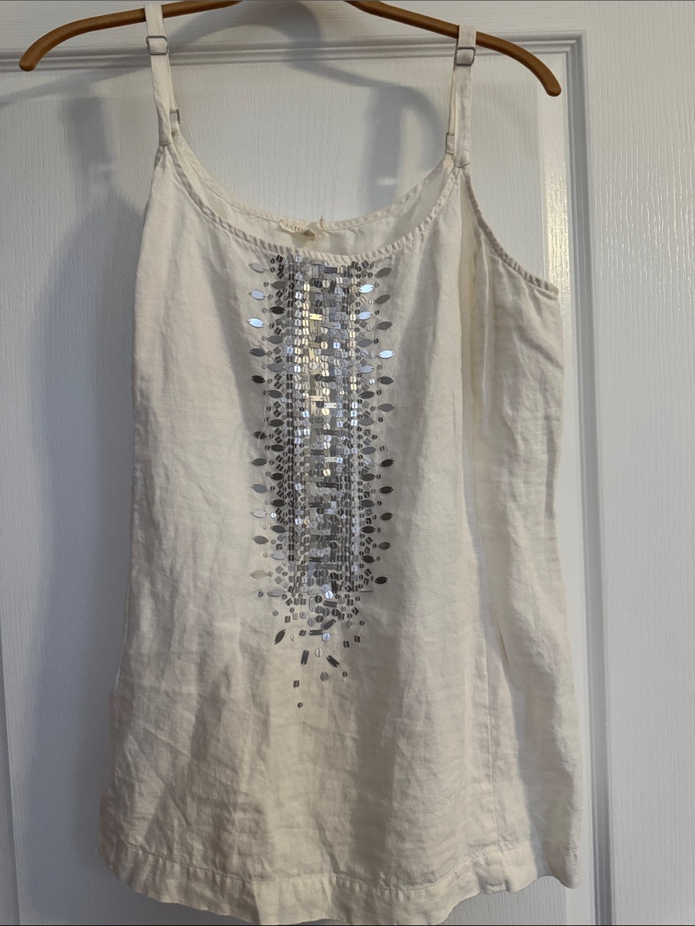 Eileen Fisher Cream Linen Camisole with Silver Sequin Center Panel